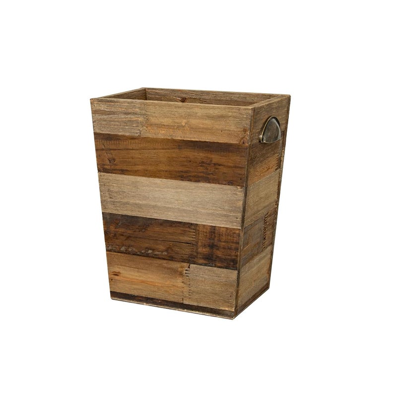TIMRIS Small Wood Trash Can, Farmhouse Rectangular Garbage Can Waste Basket, Rustic Distressed Reclaimed Wood Wastebasket, Vintage Wooden Trash Recycling Bin Storage Basket with Metal Handles (Natural) - Image 1